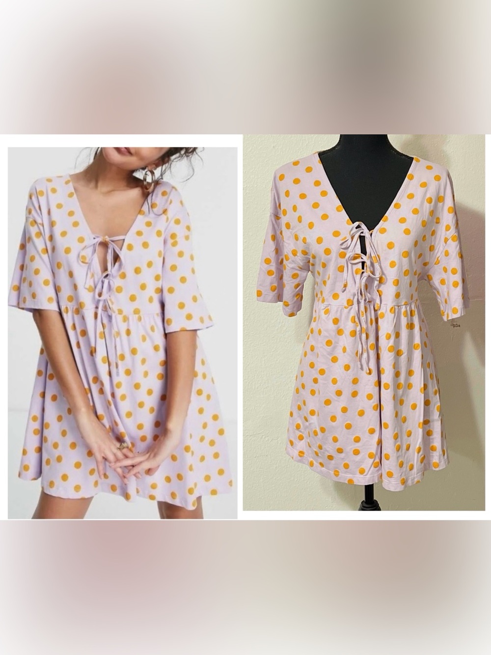 ASOS Lilac Mini Dress Oversized -Front tie -Short sleeve -100% Cotton Polka Dots